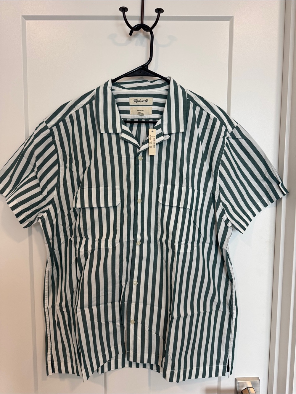 Madewell Men's Green & White Striped Short-Sleeve Camp Collar Shirt L